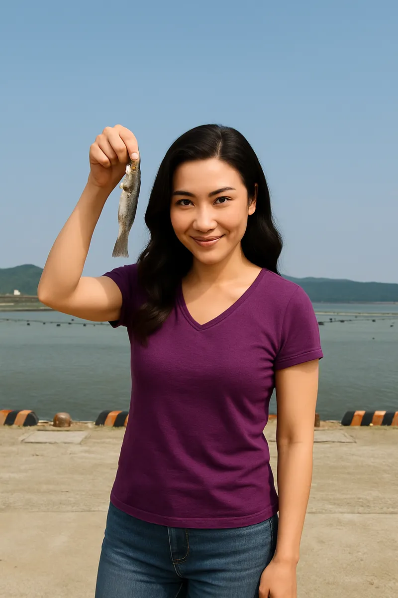 万石浦でハゼの釣果を得た女性.webp