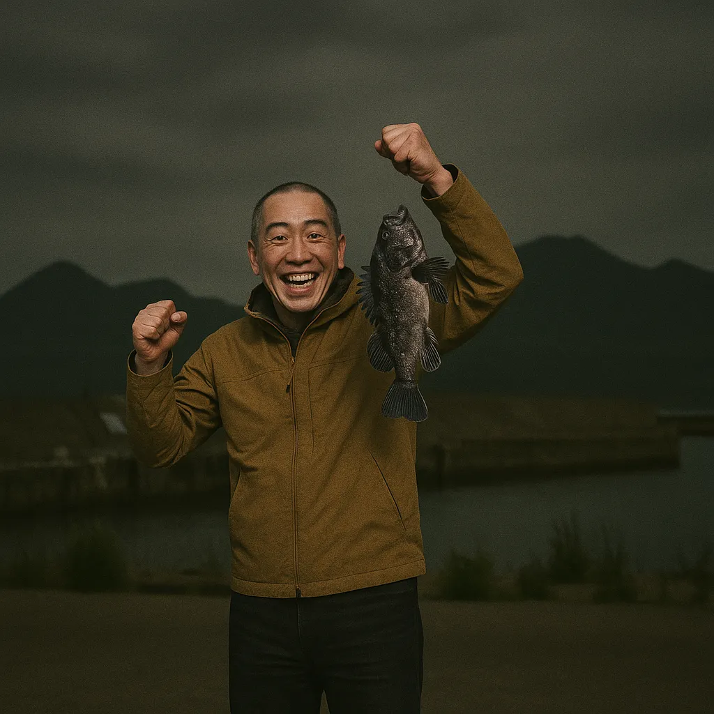 三厩漁港でソイの釣果を得たがんだま君.webp