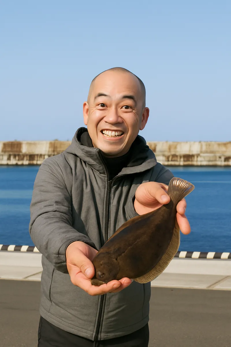 三沢漁港でカレイの釣果を得たがんだま君.webp