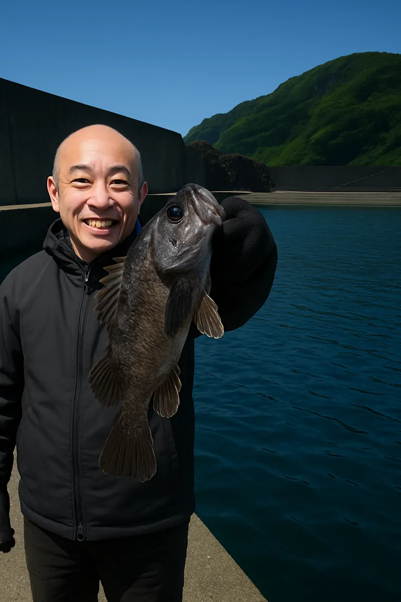 下前漁港でソイの釣果を得たがんだま君.webp