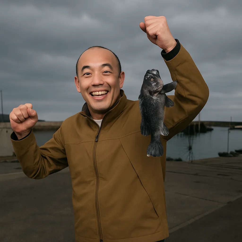下安家漁港でソイの釣果を得たがんだま君.webp