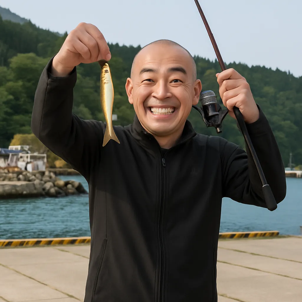 下風呂漁港でチカの釣果を得たがんだま君.webp