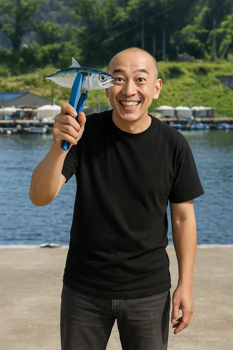 両石漁港でサバの釣果を得たがんだま君.webp