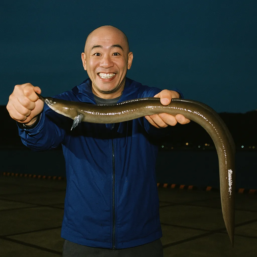 中之作港でアナゴの釣果を得たがんだま君.webp