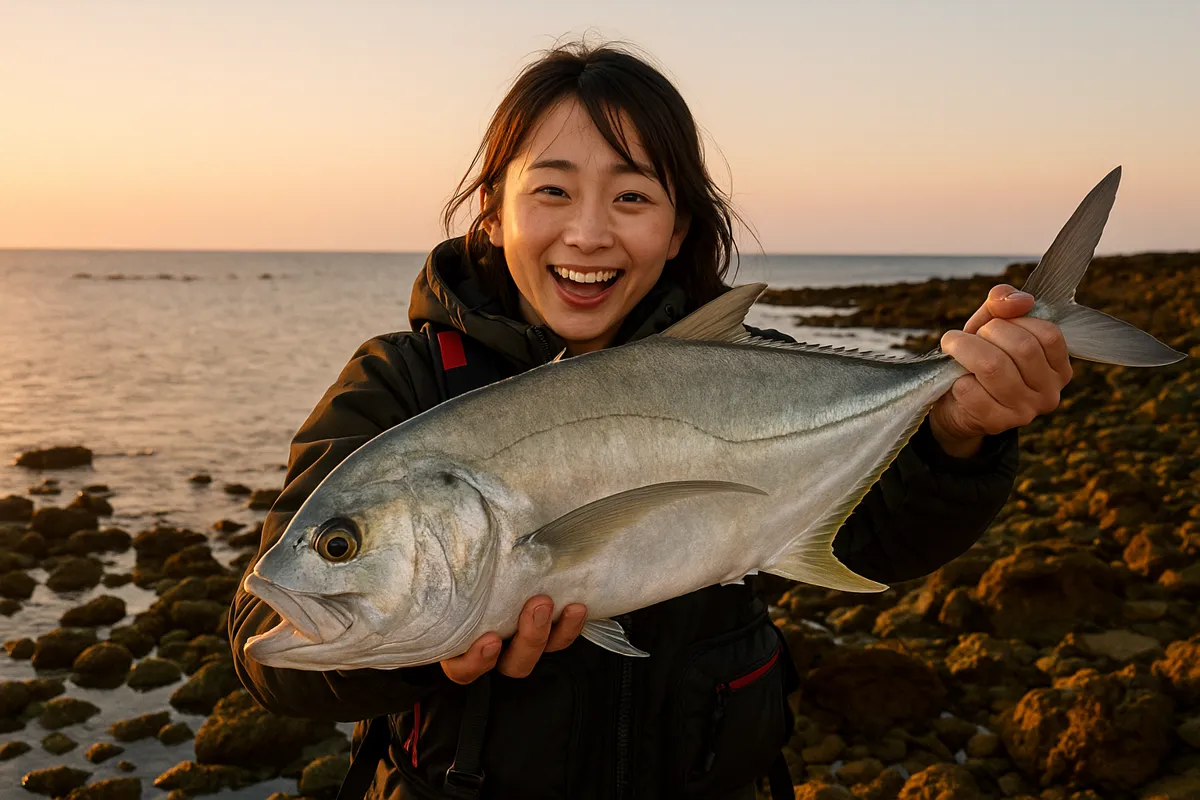 中城浜漁港でガーラの釣果を得た女性.webp