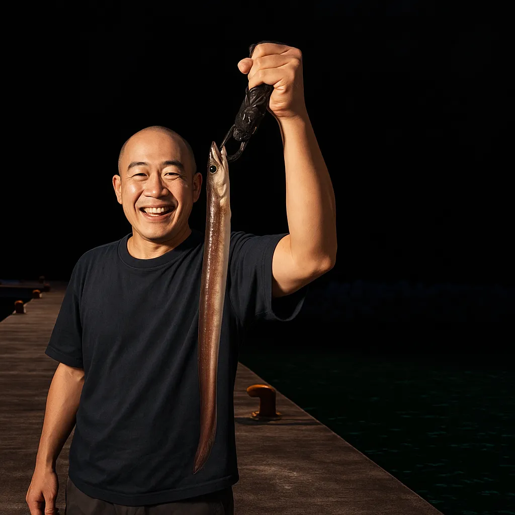 久之浜港でアナゴの釣果を得たがんだま君.webp
