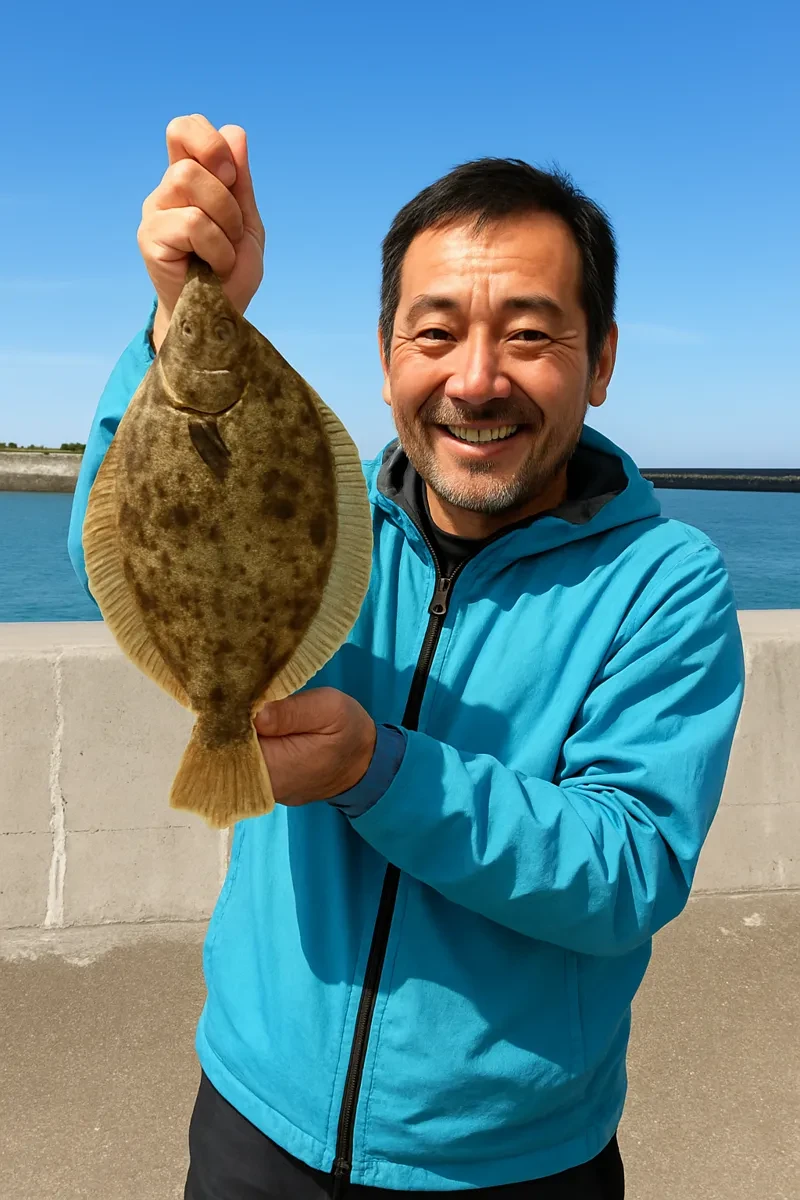 久之浜港でカレイの釣果を得た男性.webp