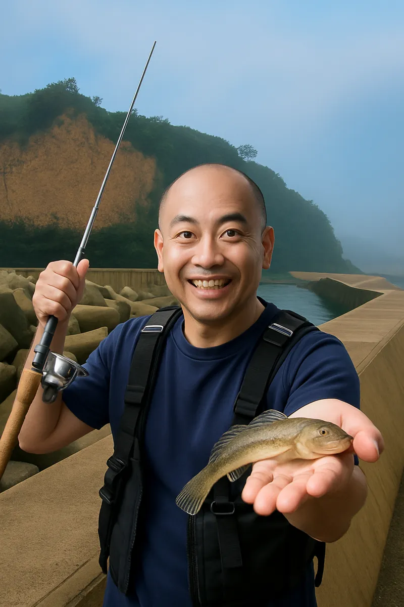 久之浜港でハゼの釣果を得たがんだま君.webp