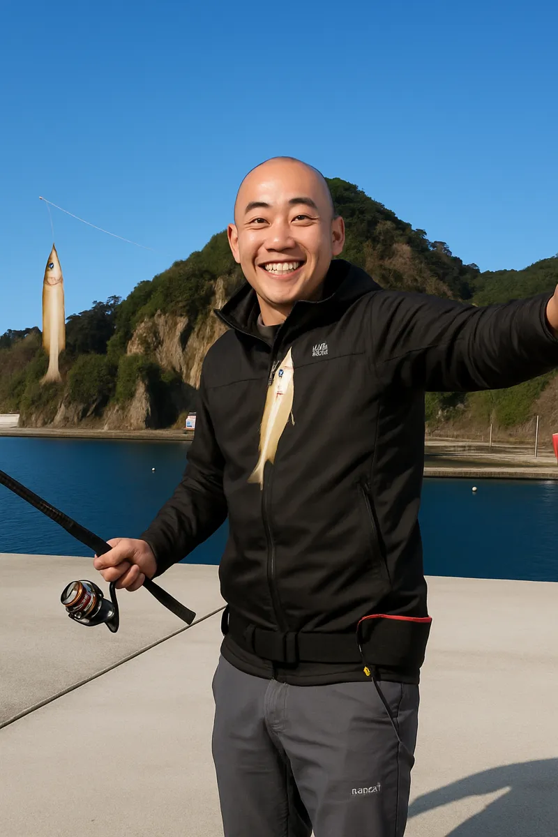 久喜漁港でチカの釣果を得たがんだま君.webp