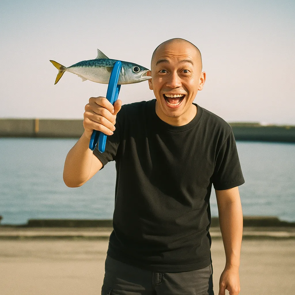 久慈港でサバの釣果を得たがんだま君.webp