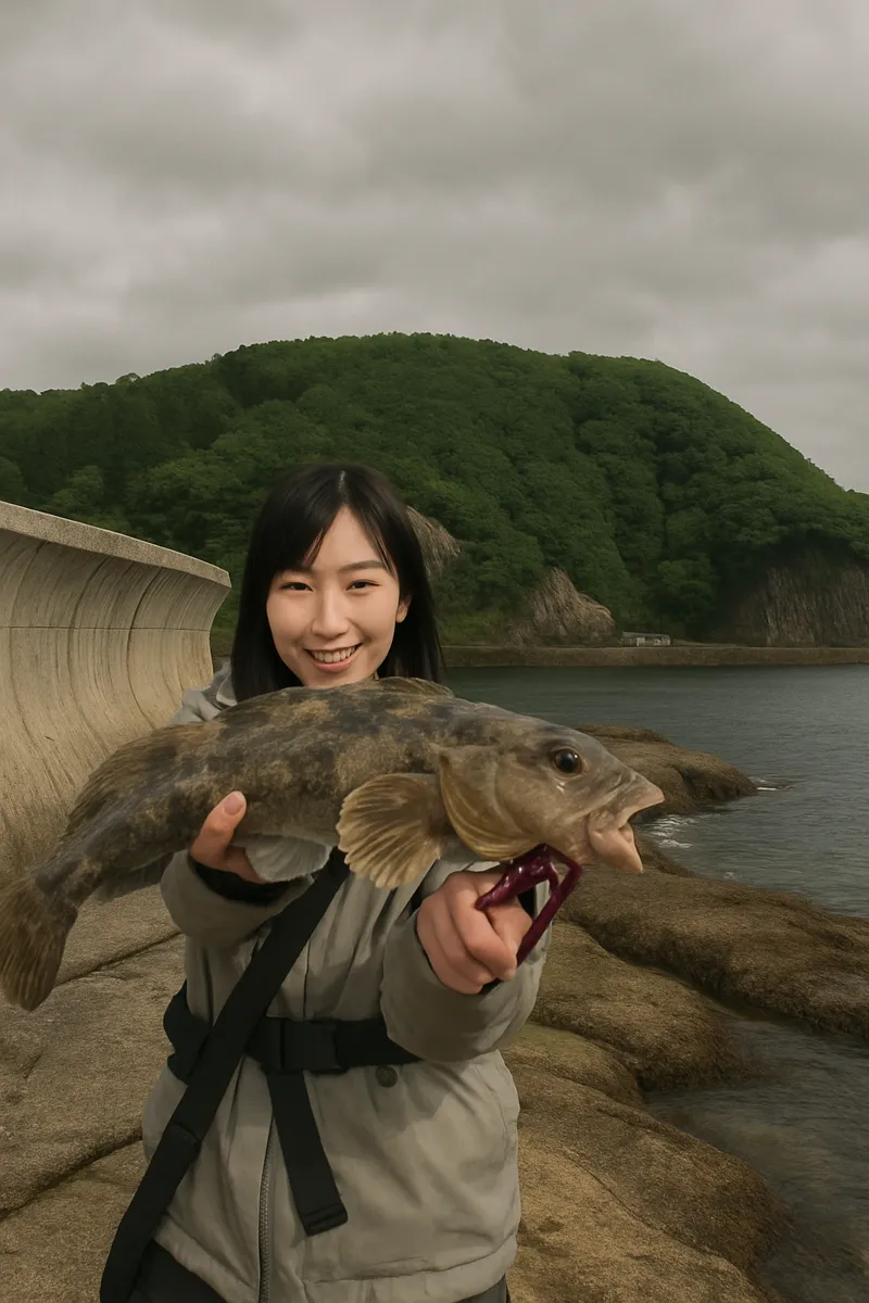 九艘泊漁港でアイナメの釣果を得た女性.webp