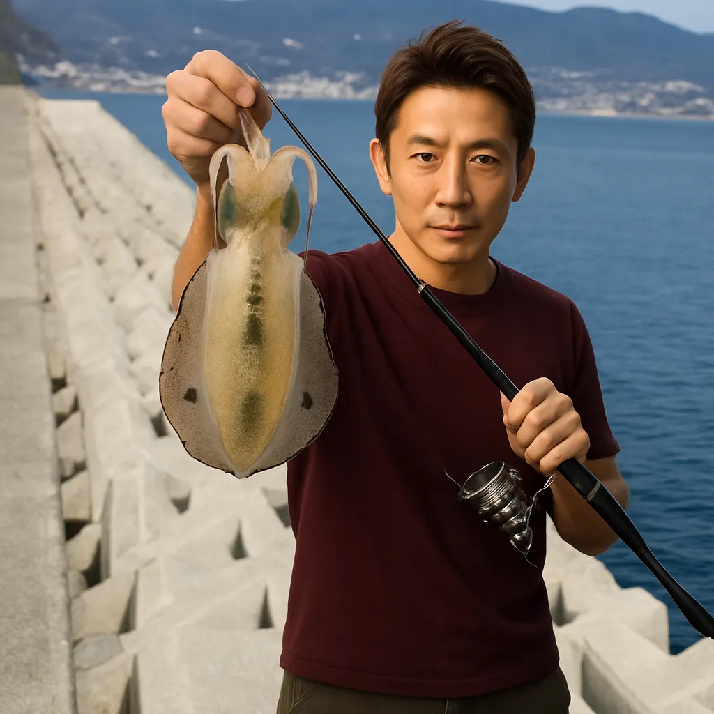 亀川漁港でアオリイカの釣果を得た亀岡.webp