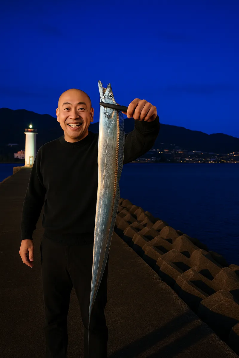 亀川漁港でタチウオの釣果を得たがんだま君.webp