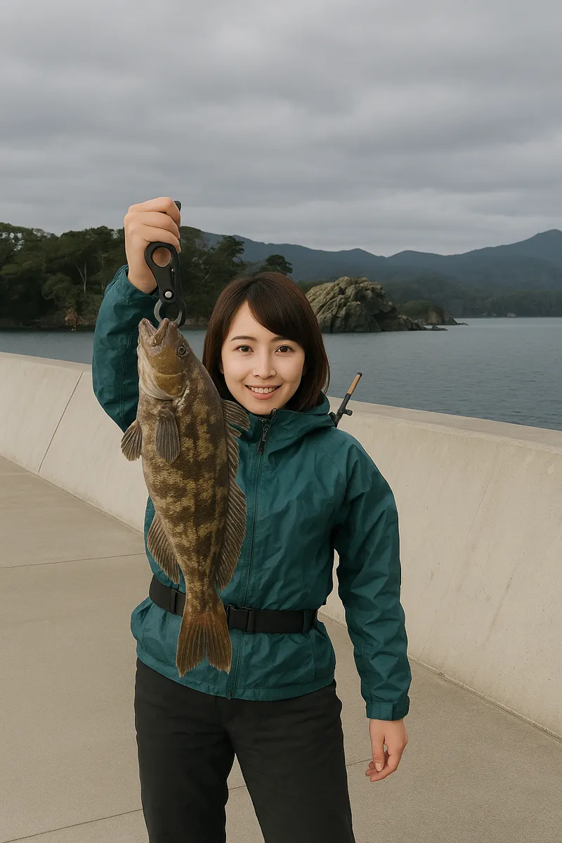 二十一浜漁港でアイナメの釣果を得た西岡.webp