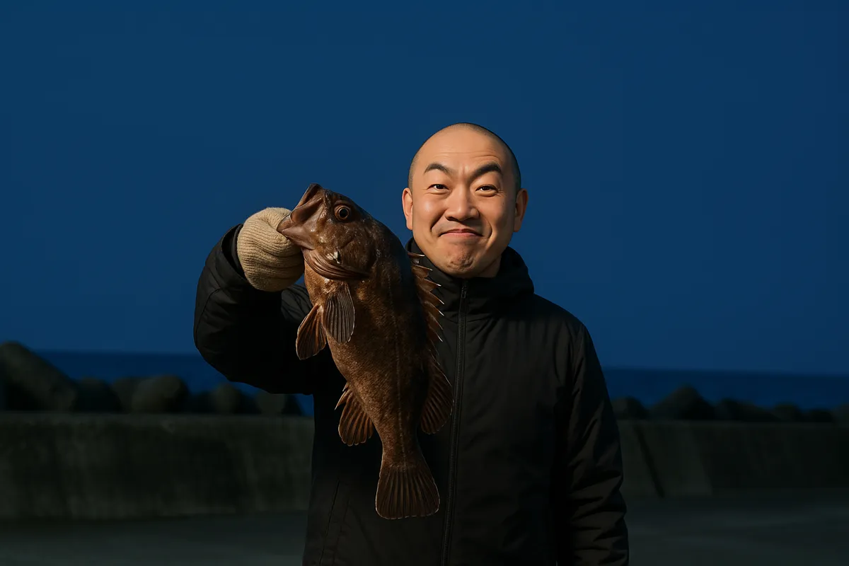 五里合漁港でソイの釣果を得たがんだま君.webp