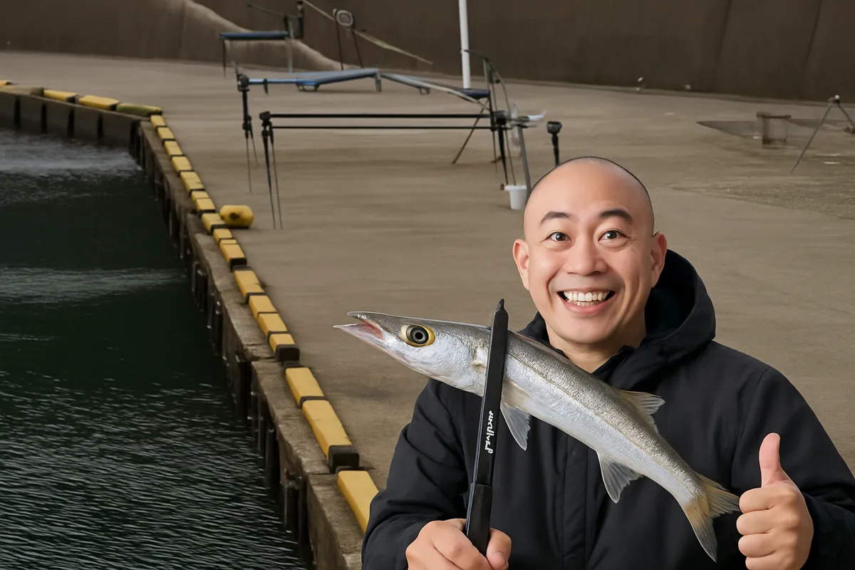 今泉漁港でカマスの釣果を得たがんだま君.webp