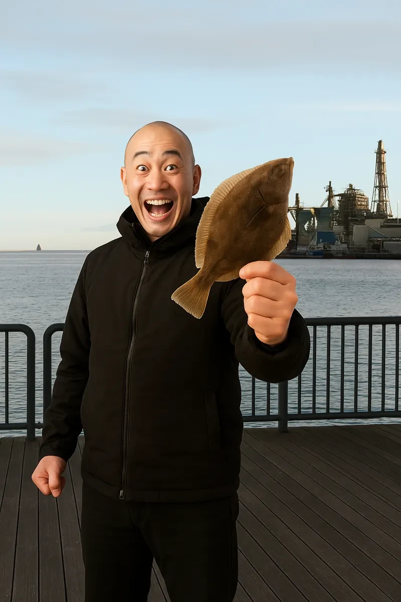 仙台港でカレイの釣果を得たがんだま君.webp