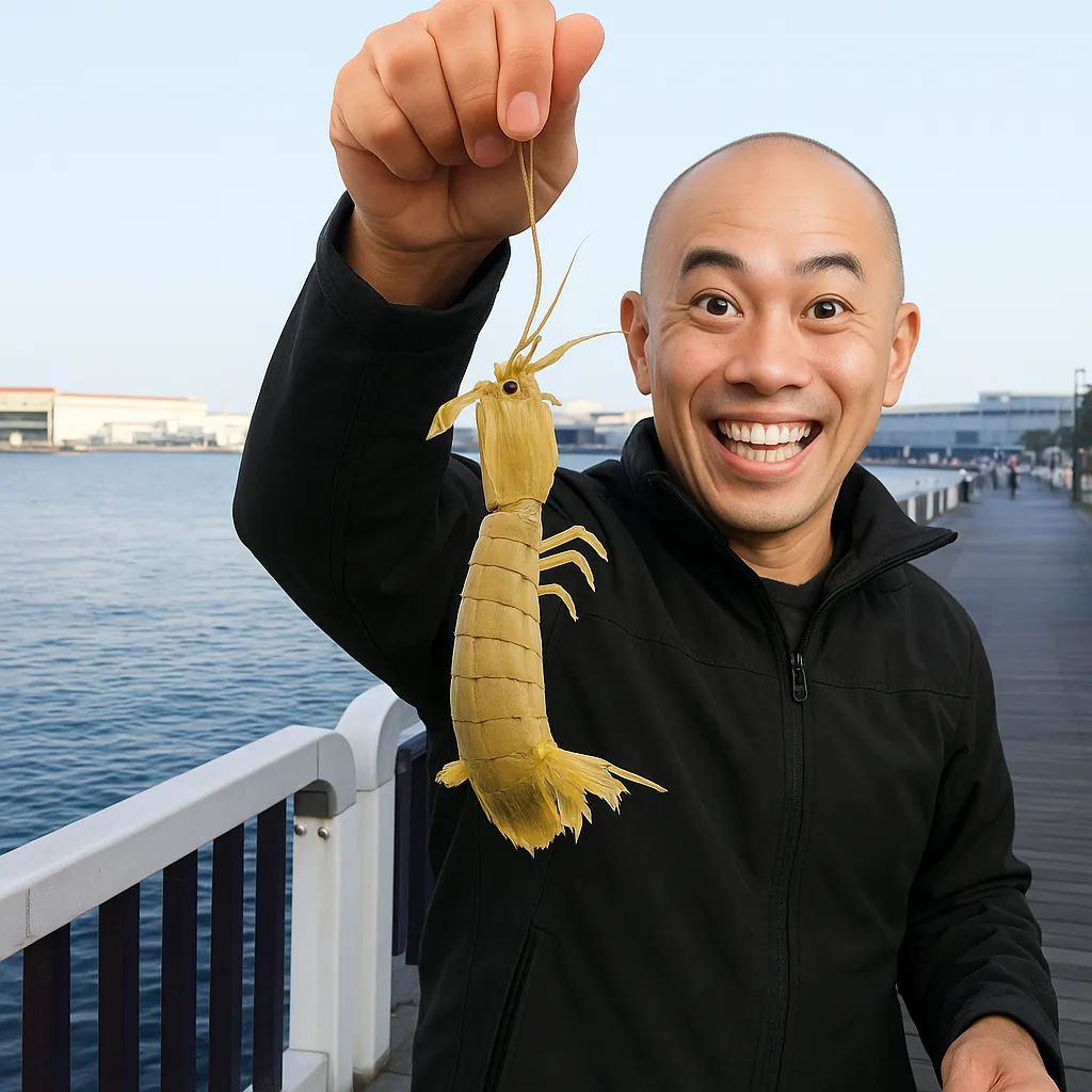 仙台港でシャコの釣果を得たがんだま君.webp