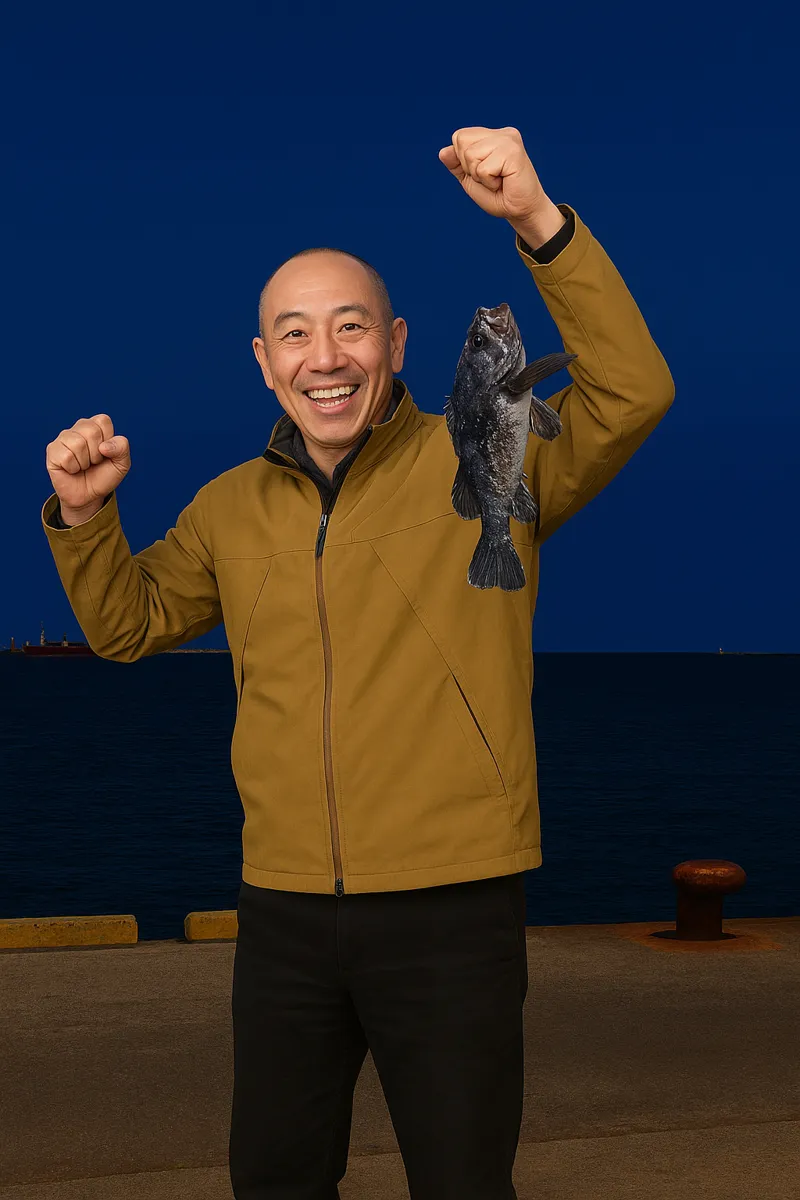 仙台港でソイの釣果を得たがんだま君.webp