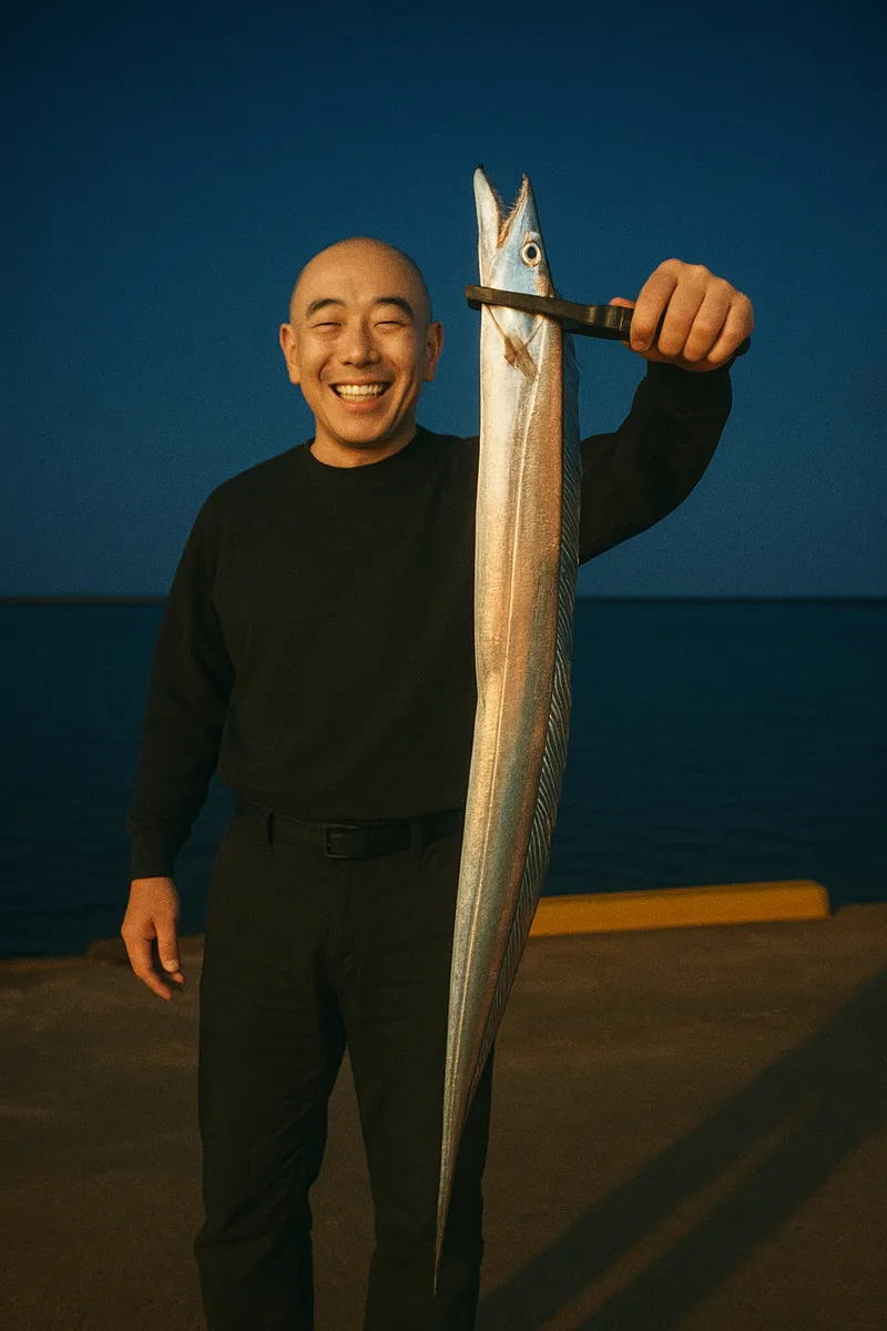 仙台港でタチウオの釣果を得たがんだま君.webp