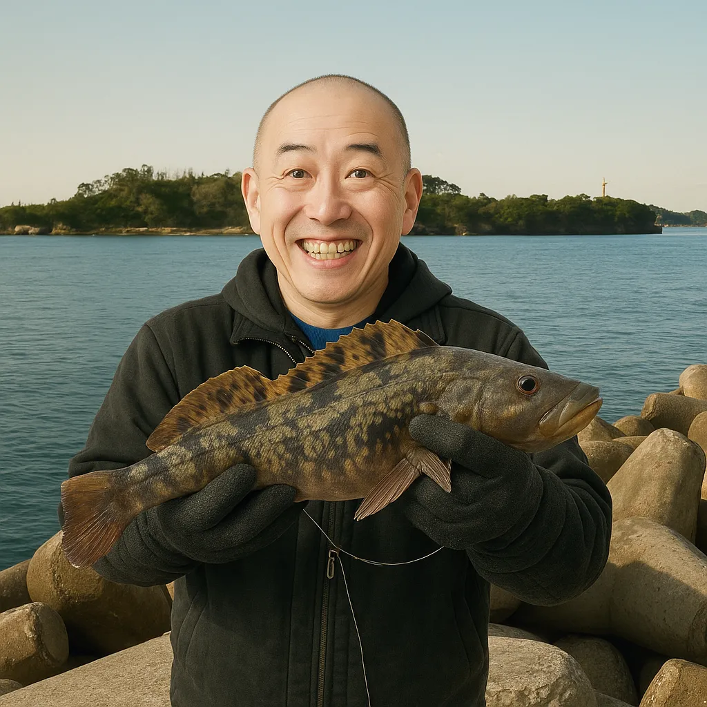 代ヶ崎漁港でアイナメの釣果を得たがんだま君.webp