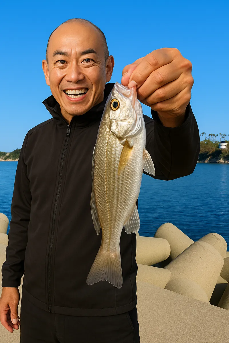 代ヶ崎漁港でイシモチの釣果を得たがんだま君.webp