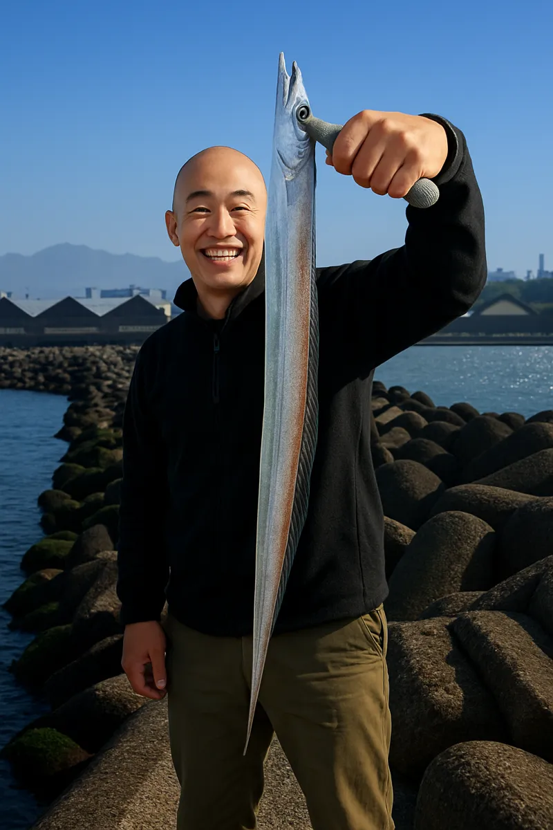 住吉泊地でタチウオの釣果を得たがんだま君.webp