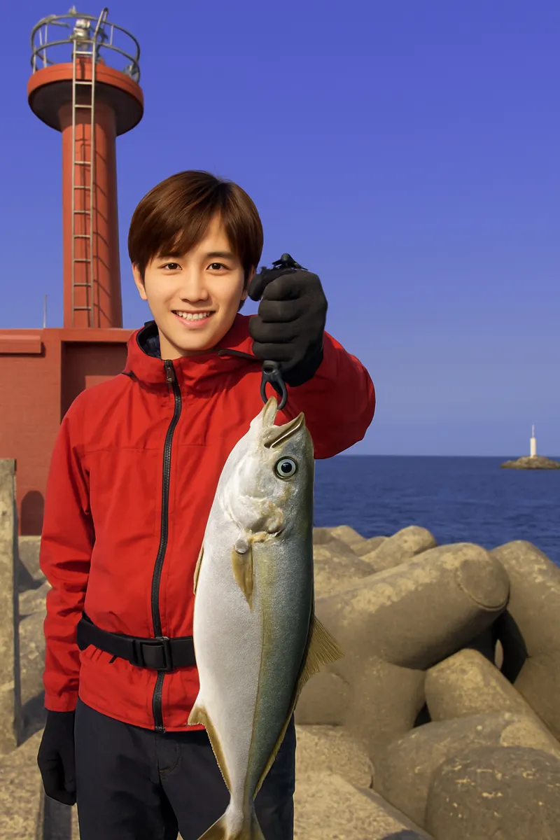 住吉泊地でヤズの釣果を得た男性.webp