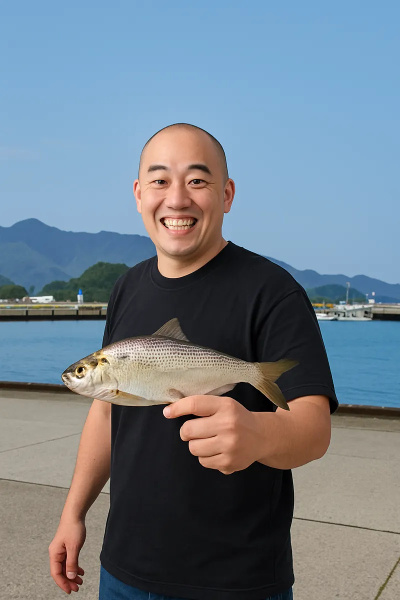 佐伯港でコノシロの釣果を得たがんだま君.webp
