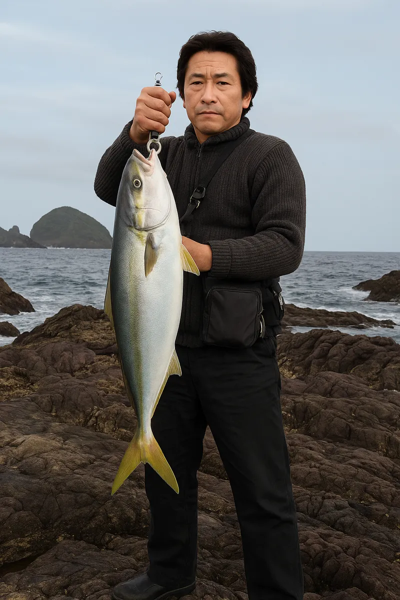 佐多岬でブリの釣果を得た男性.webp