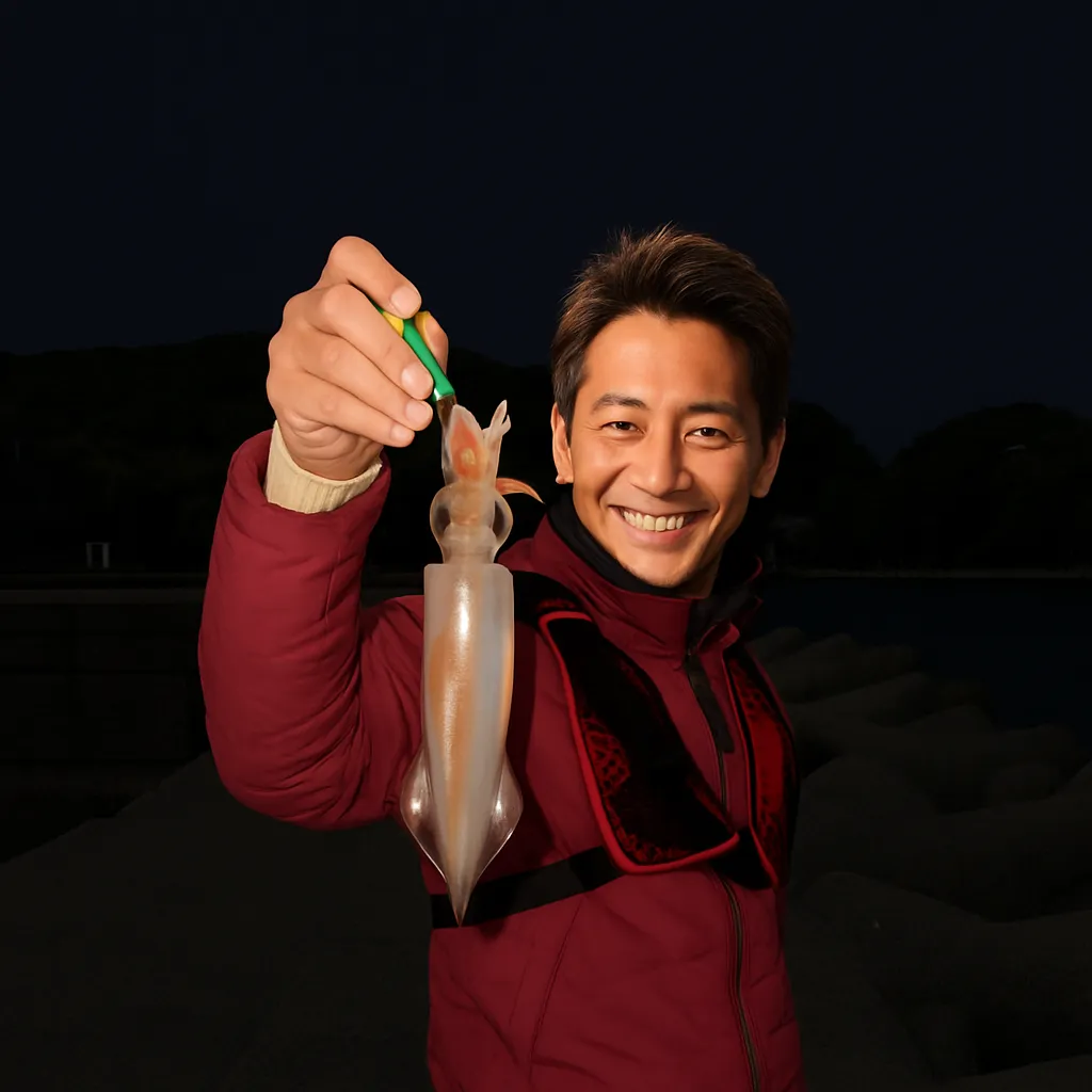 佐賀関港でケンサキイカの釣果を得た亀岡.webp