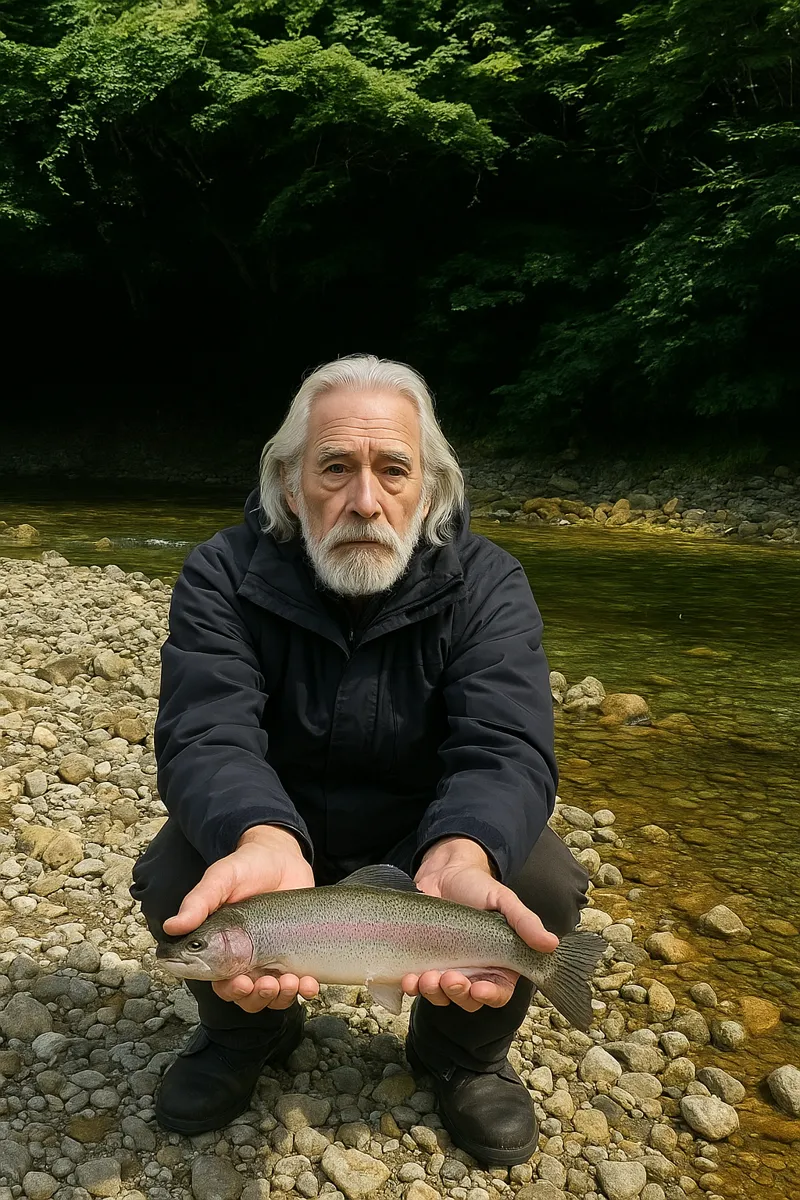 作並渓流釣り場でニジマスの釣果を得た米田.webp