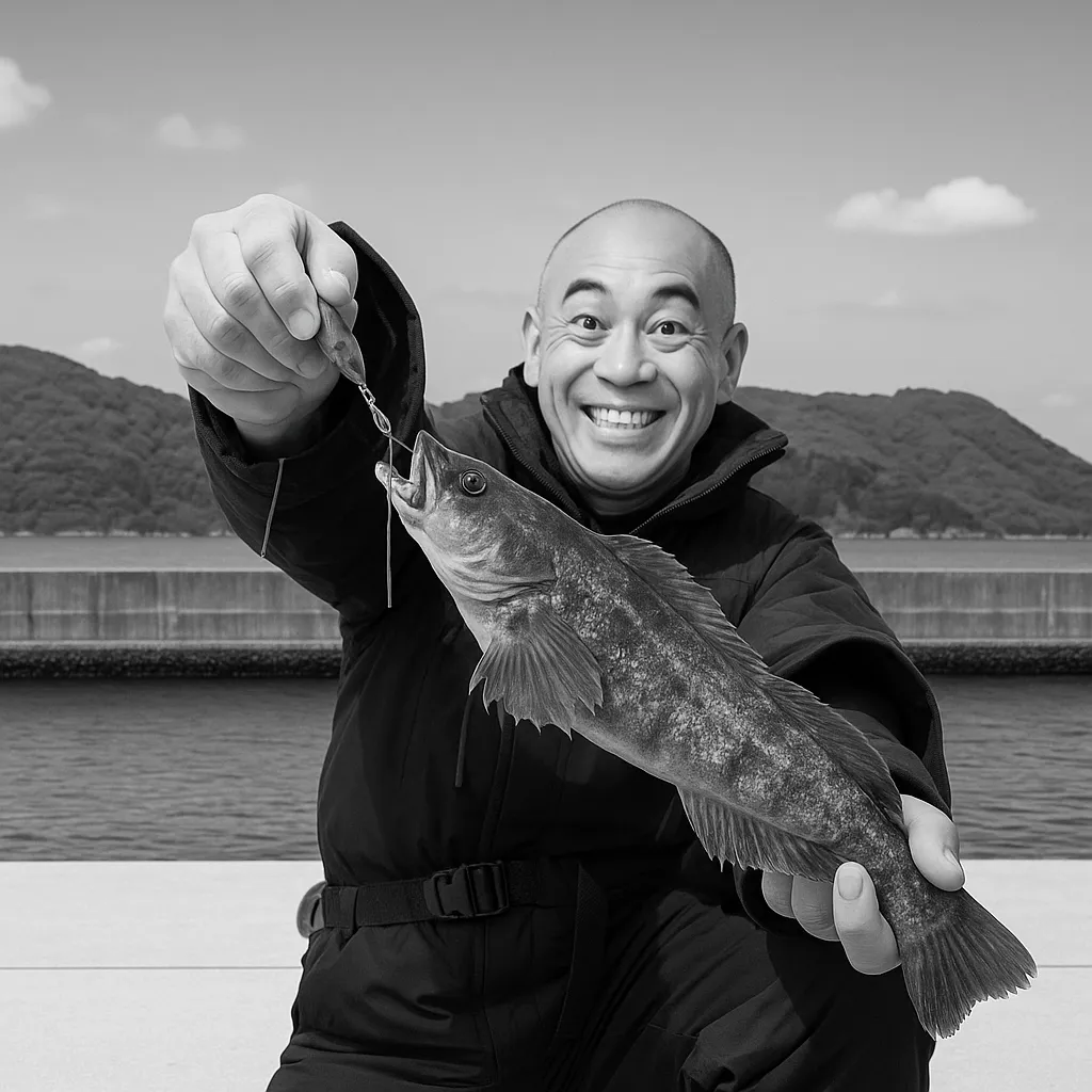 侍浜漁港でアイナメの釣果を得たがんだま君.webp