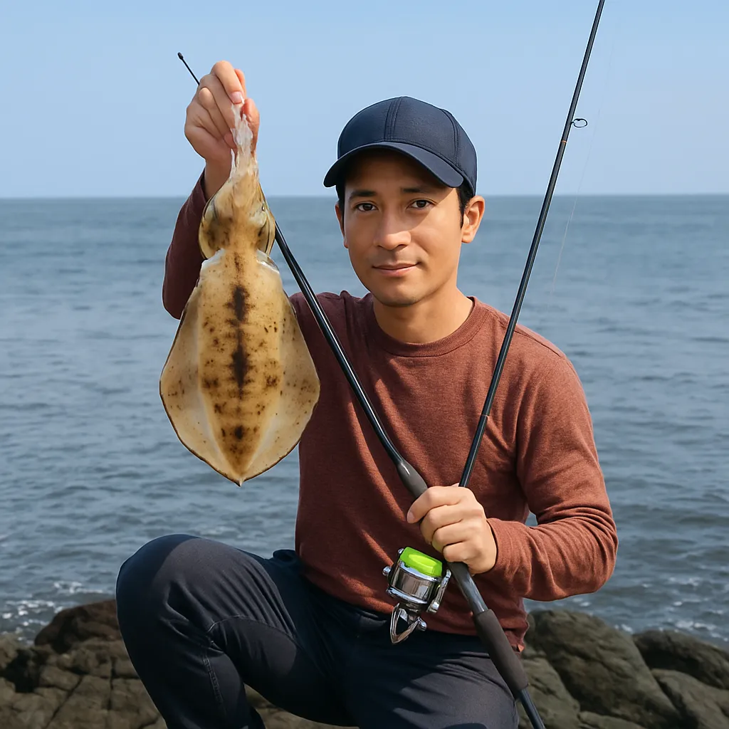 入道崎でアオリイカの釣果を得た男性.webp
