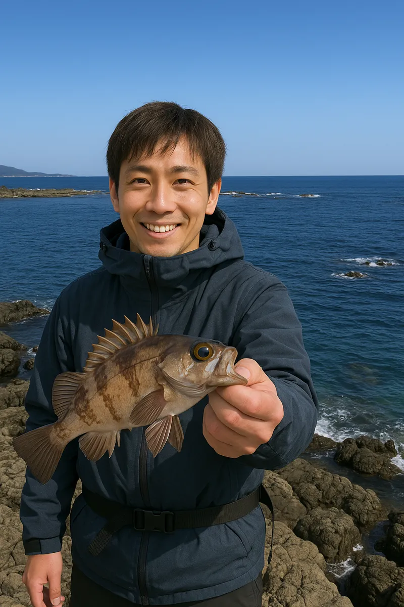 入道崎でメバルの釣果を得た男性.webp