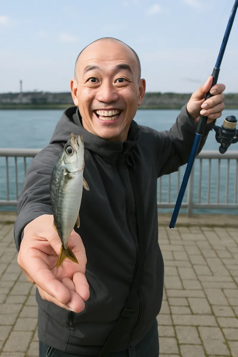 八戸港でサバの釣果を得たがんだま君.webp