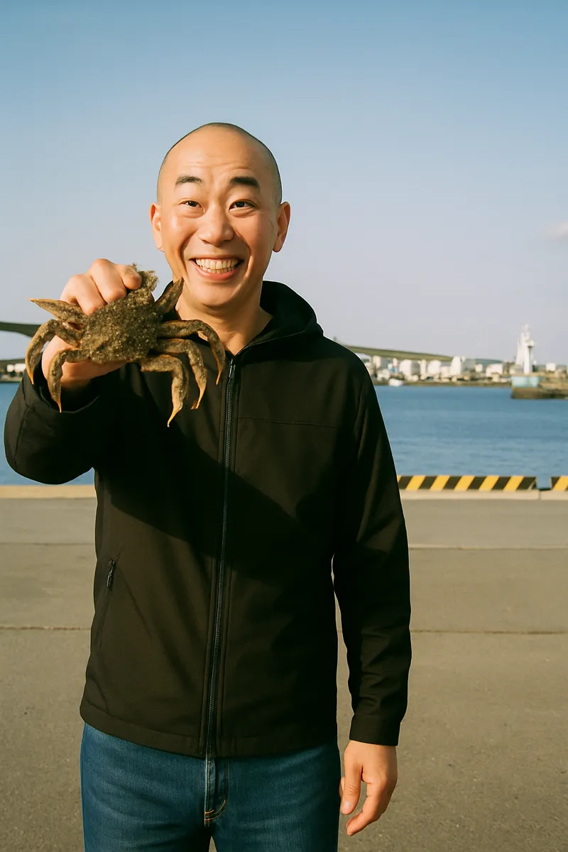 八戸港でトゲクリガニの釣果を得たがんだま君.webp