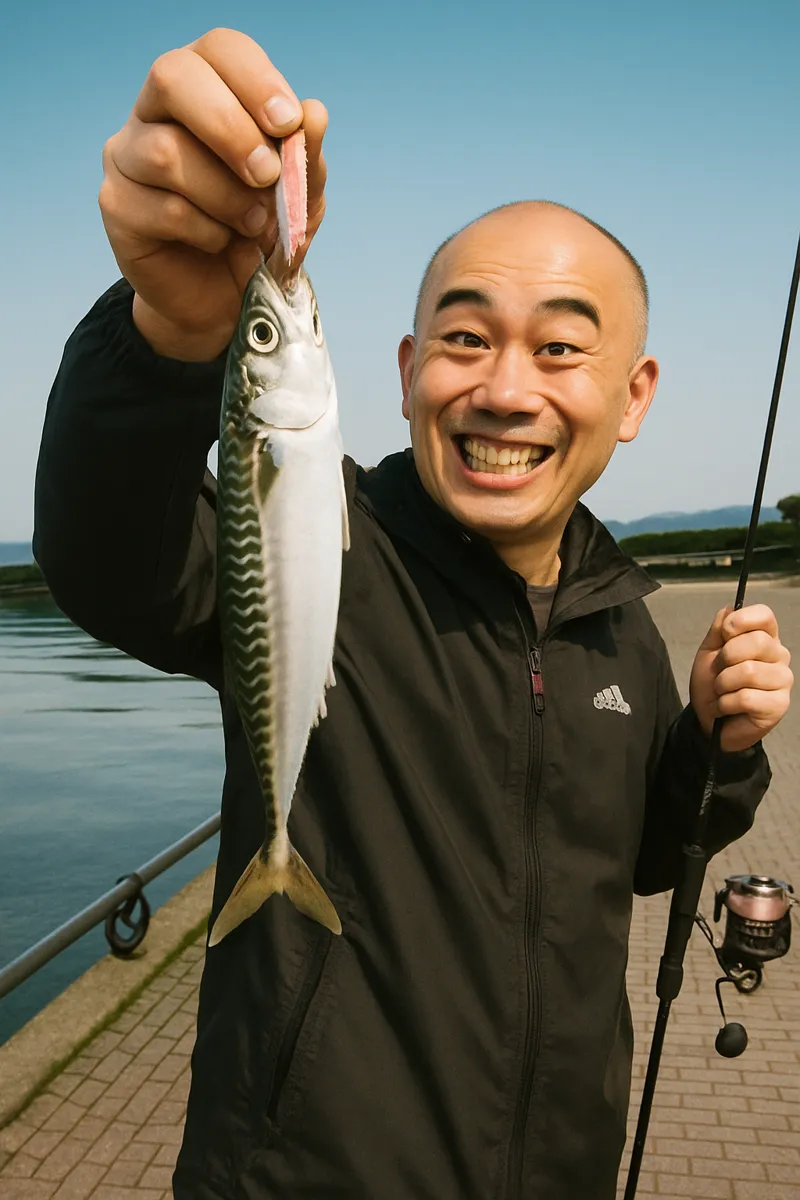 八戸港海釣り公園でサバの釣果を得たがんだま君.webp