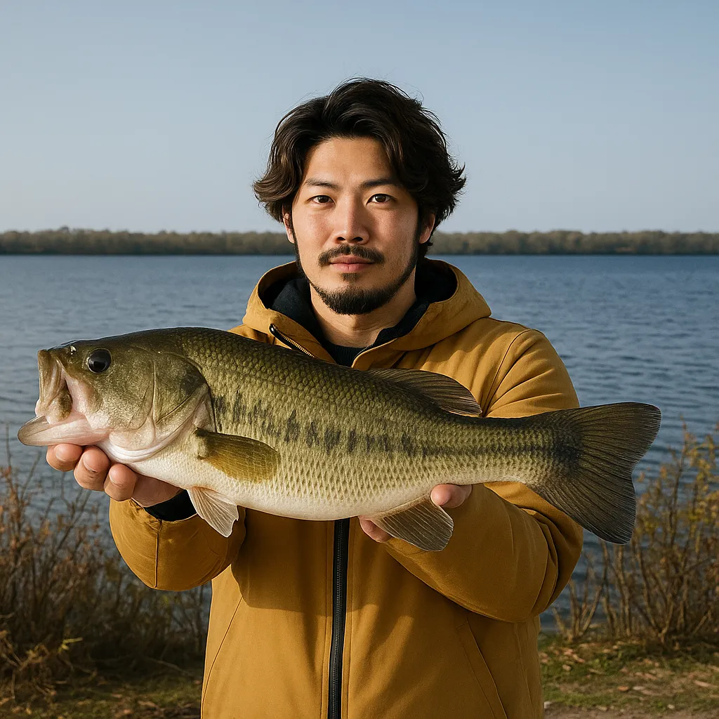 八郎潟でブラックバスの釣果を得た澤田.webp