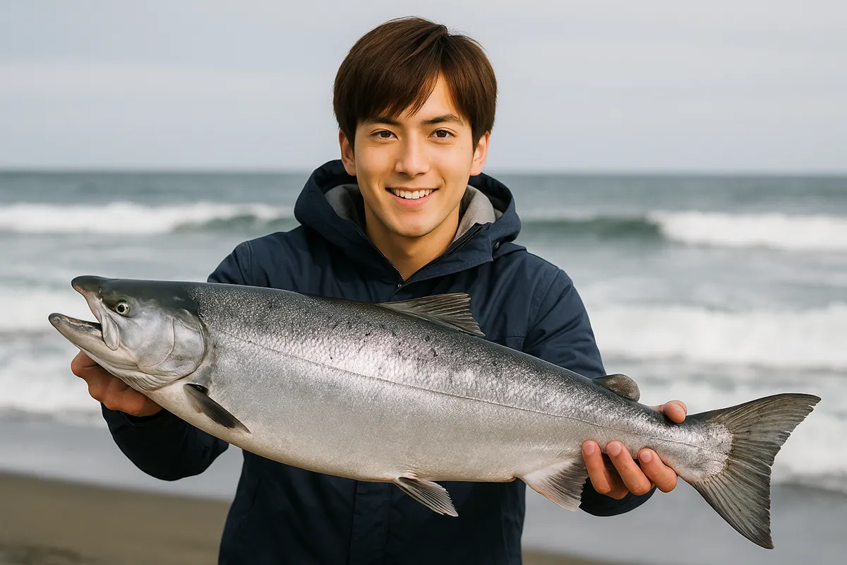 六ヶ所サーフでサクラマスの釣果を得た久良木.webp