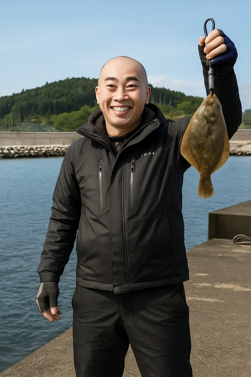 六ヶ浦漁港でカレイの釣果を得たがんだま君.webp