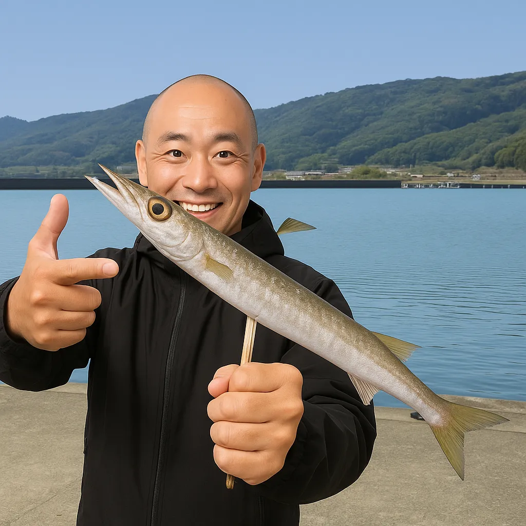 内海港でカマスの釣果を得たがんだま君.webp