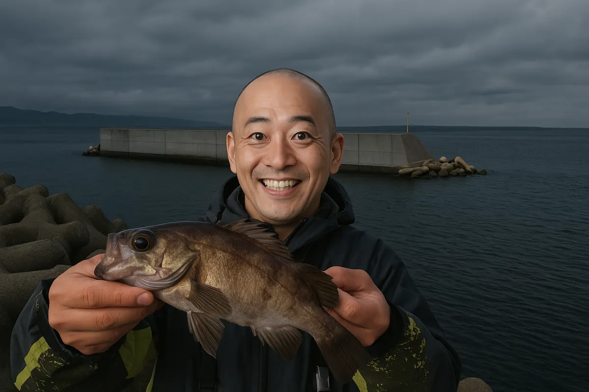 別府楠港でメバルの釣果を得たがんだま君.webp