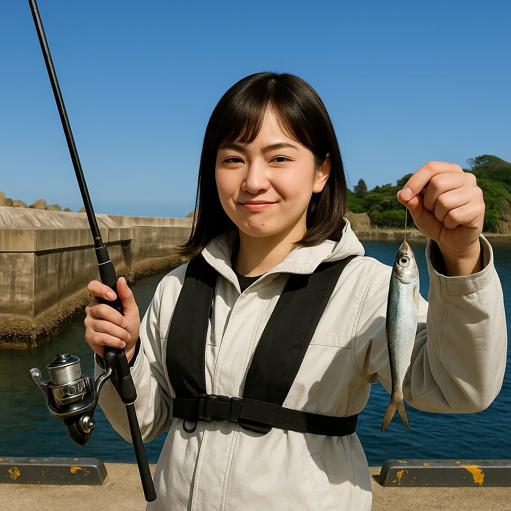 前浜漁港でイワシの釣果を得た女性.webp