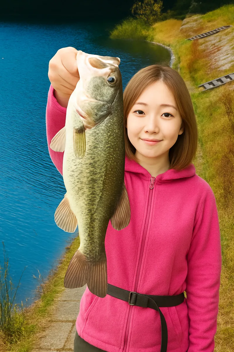 加瀬沼でブラックバスの釣果を得た女性.webp