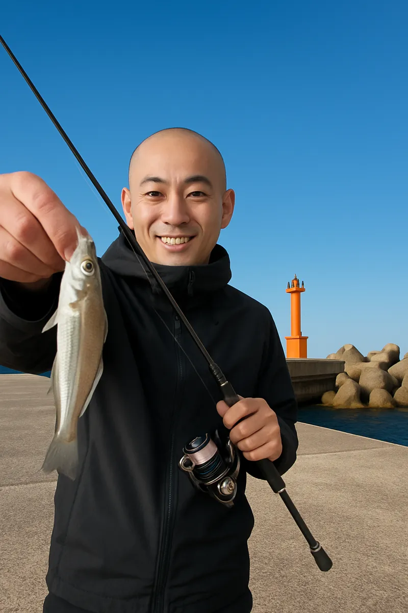 加茂漁港でシロギスの釣果を得たがんだま君.webp