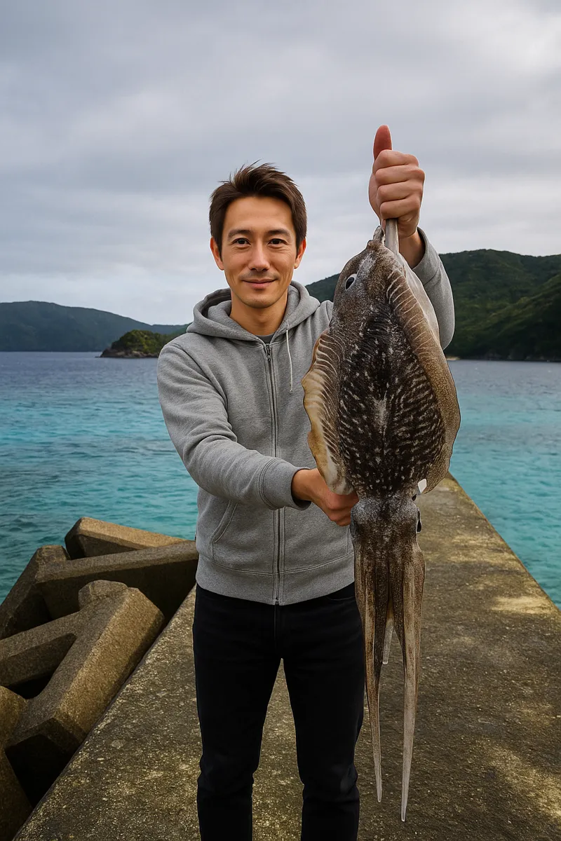 加計呂麻島でコブシメの釣果を得た亀岡.webp