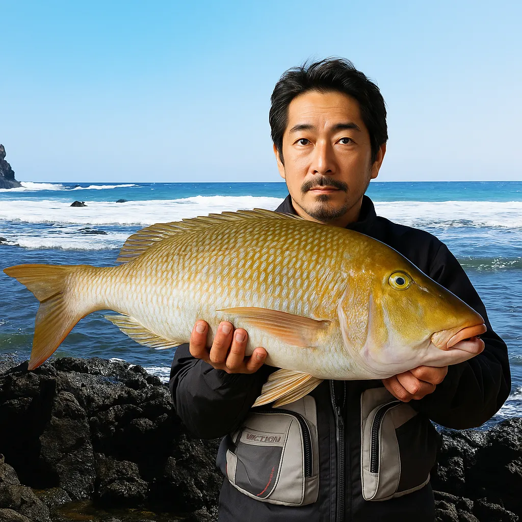 加計呂麻島でハマフエフキの釣果を得た佐々木.webp