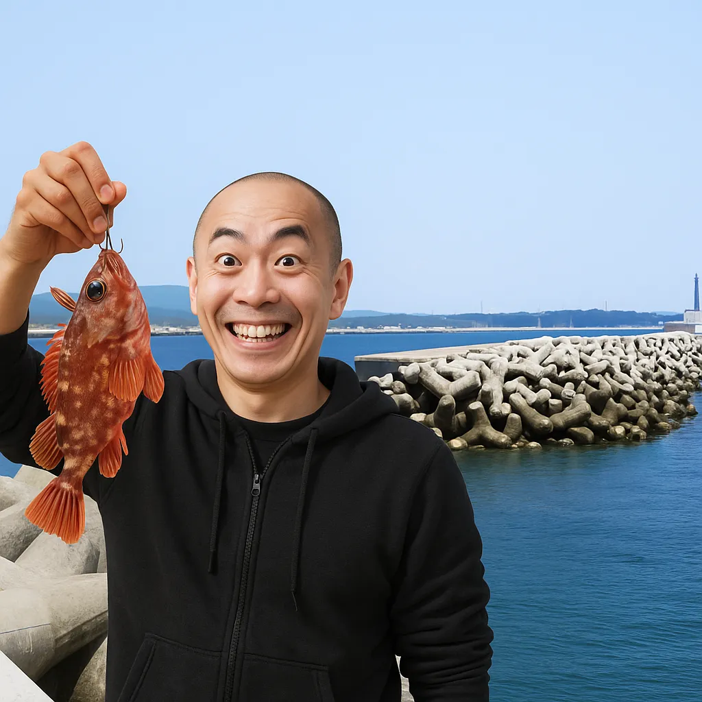 勿来港でカサゴの釣果を得たがんだま君.webp