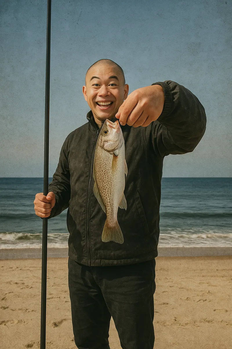 勿来火力発電所下でイシモチの釣果を得たがんだま君.webp